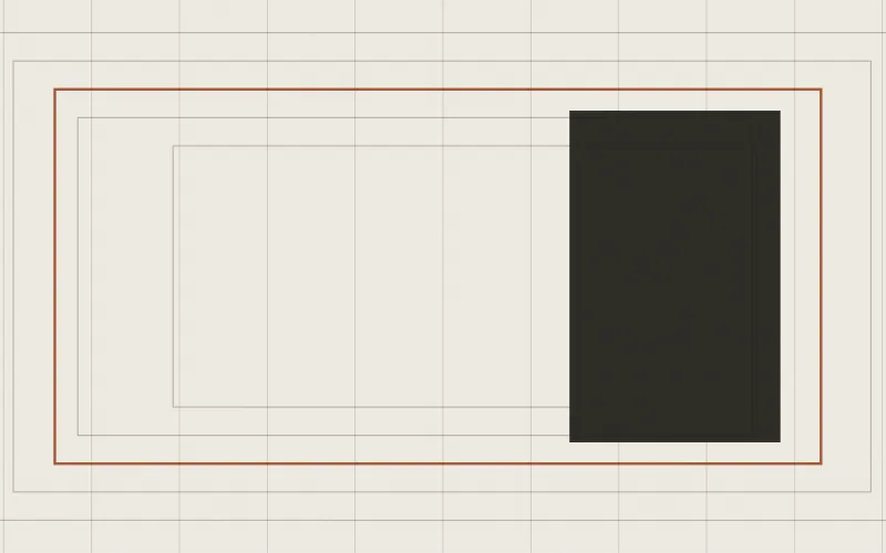 Abstract composition of quarter arcs radiating from a corner above a solid rectangular block