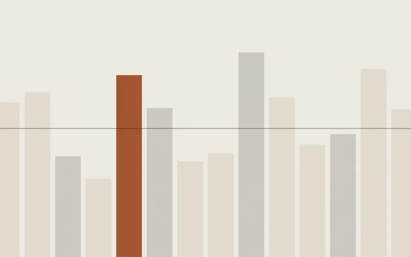 Abstract composition of stacked horizontal bands of varying weight over a faint column grid