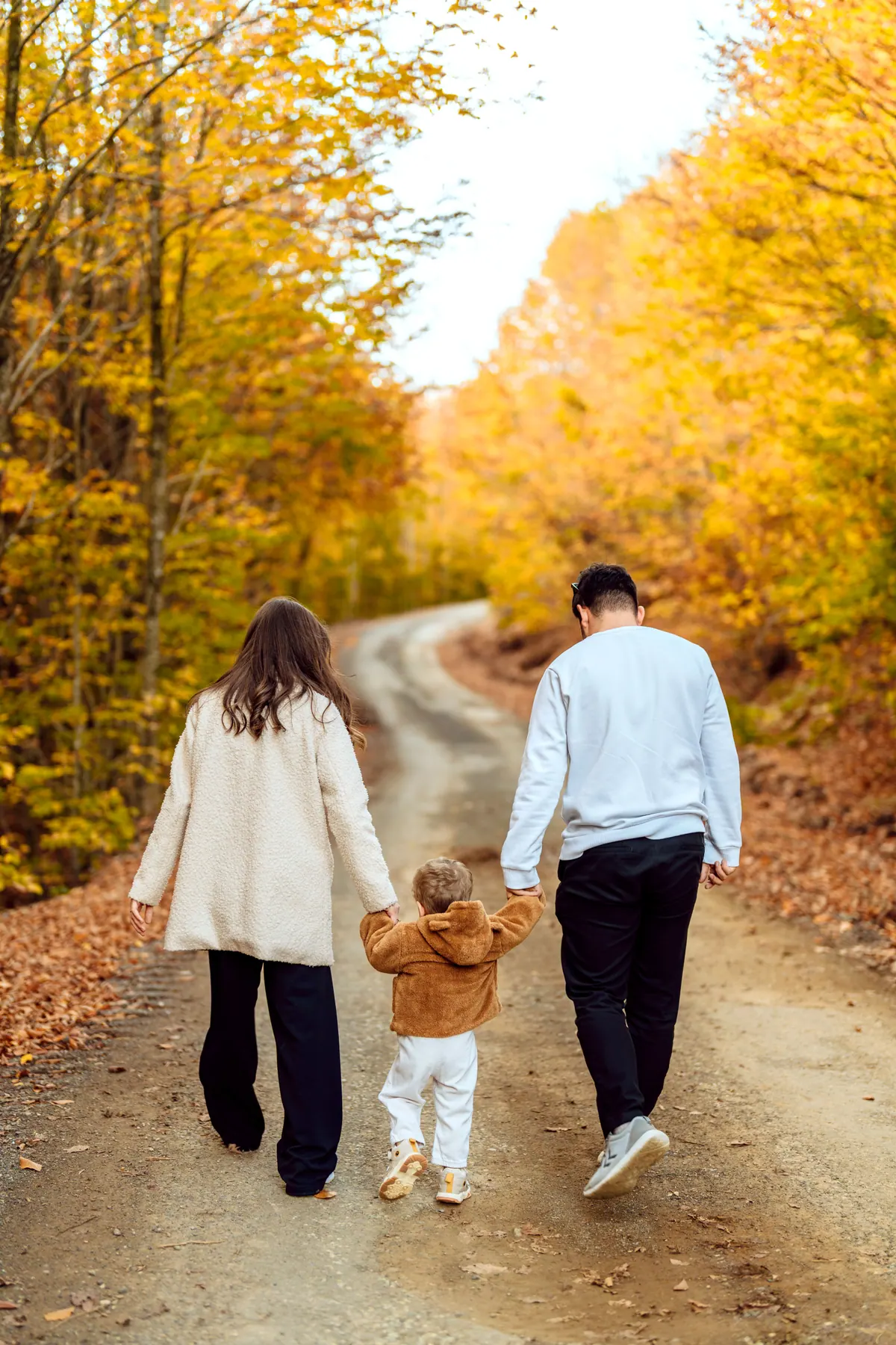 A mother, father and toddler walking away down a country road lined with autumn trees