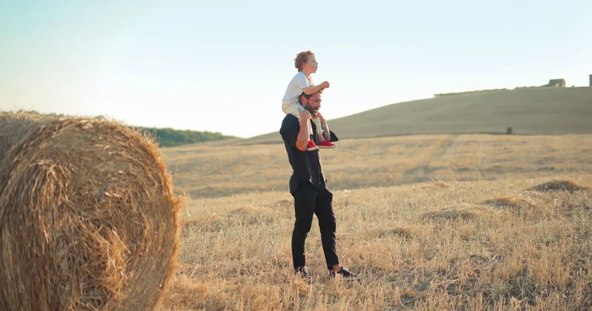 A man carrying a small child on his shoulders in a field of round hay bales